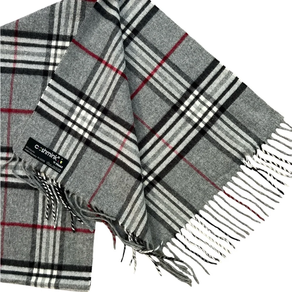 Cashmink V.‎ Fraas Gray Plaid Fringed Scarf  65” x  11.75”